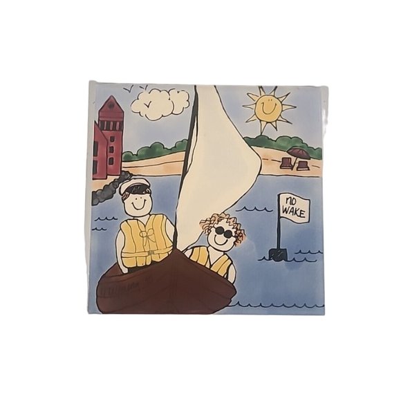 H&R Johnson Tiles Made In England Boat Summer Day Beach Decorative Tile Hanging - Picture 1 of 14